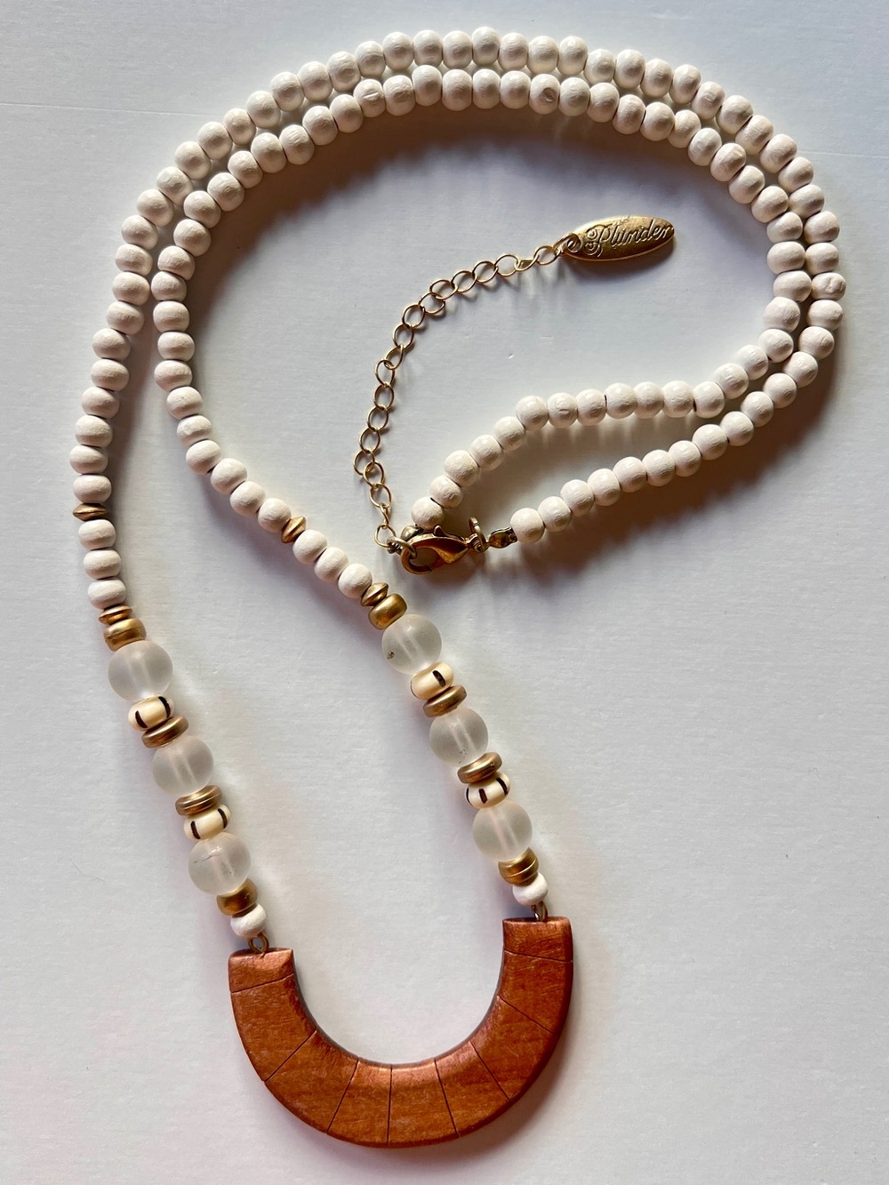 Boho White Plunder Wood Beaded Long Necklace with Crescent Pendant Gold Tone